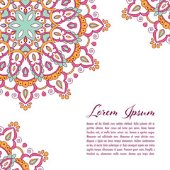 Ethnic mandala decorative background. Greeting card or invitation template. Hand drawn vector illustration