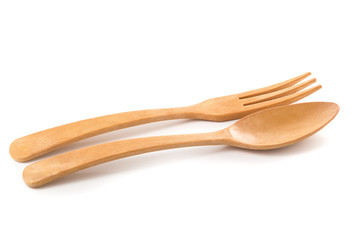 Wooden Spoon and fork isolated on a white background
