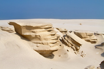 Wind erosion forms strange sculptures in the sand of a beach
