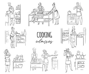 Cooking class. Group of people preparing meals. Black and white vector illustration in sketch style