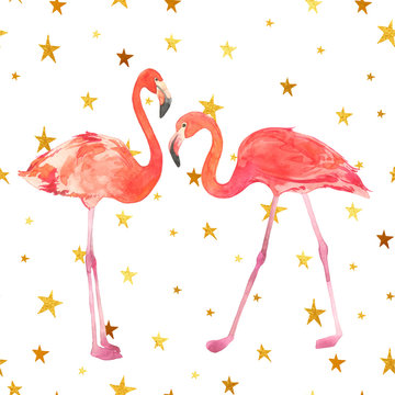 Watercolor illustration with a bird flamingo. Beautiful pink bird. Tropical flamingo on the gold stars background.