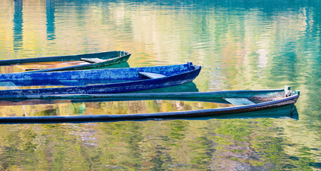 Three old fishing boats filled with water on the lake Skadar, Montenegro, Europe
