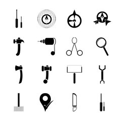 Fototapeta premium icon Instruments And Tools with loupe, location, pliers, mallet and assembly