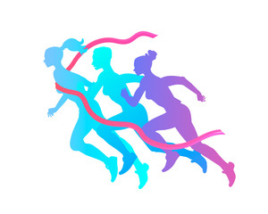 Three women silhouette run to victory, overcoming difficulties. Marathon, running to the finish.