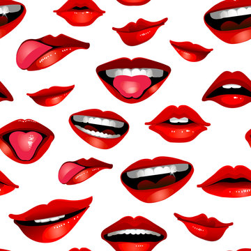 Beauty modern realistic seamless pattern with lips isolated on white background. Vector cartoon illustration for your girl fashion design