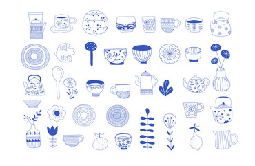 Simple, elegant and stylish collection of modern hand drawn kitchenware, japanese ceramics, logos and illustrations