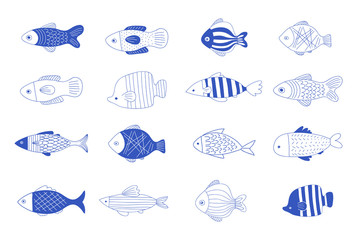 Obraz premium Simple, elegant and stylish collection of modern hand drawn fish illustrations, logos, design