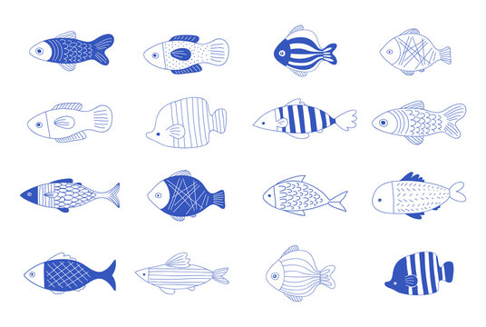 Simple, elegant and stylish collection of modern hand drawn fish illustrations, logos, design