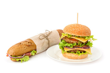 Burger and sandwich on white background