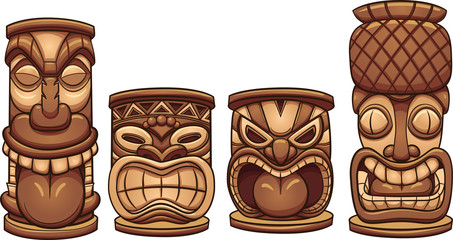 Cartoon tiki totems of different sizes. Vector clip art illustration with simple gradients. Each on a separate layer. - obrazy, fototapety, plakaty