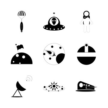 icon Cosmos with atmosphere, aircraft, astronaut, rocket and alien