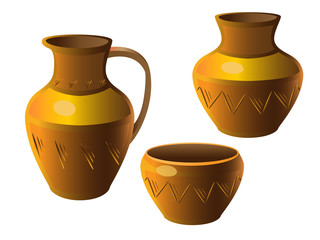 Pot. A set of pottery. Ethnic ceramics with ornament. Pottery.