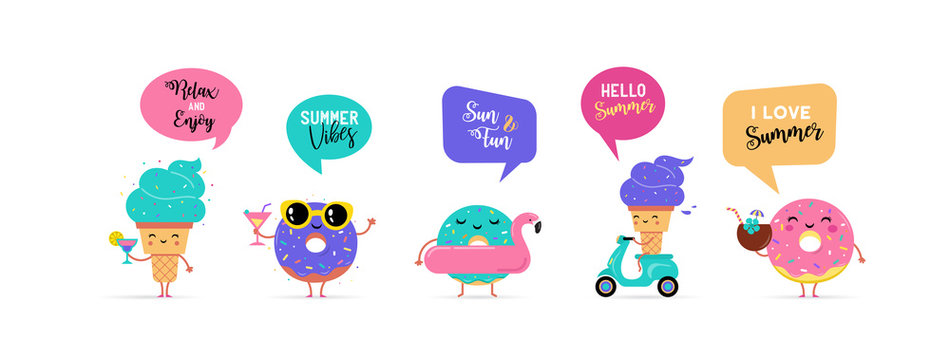 Sweet summer - cute ice cream, watermelon and donuts characters make fun