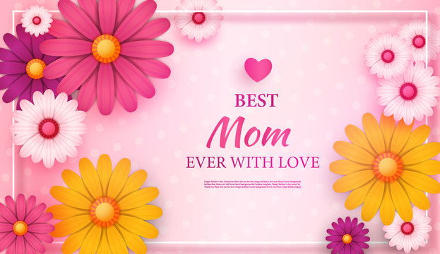Mother's Day greeting card with square frame and paper cut flowers on colorful modern geometric background. Vector illustration. Place for your text.
