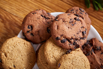 Side view of a plate of chocolate chip cookies on a white plate on wooden background, selective focus