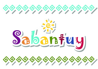 Lettering of  Sabantuy with colorful letters and sun in paper cut style with shadows on white background decorated with ornament for national bashkir and tatar summer festival 