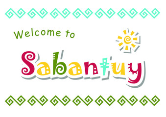 Lettering of Welcome to Sabantuy with colorful letters and sun in paper cut style with shadows on white background decorated with ornament for national bashkir and tatar summer festival 
