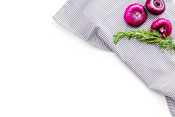 Red onion for salads on white background top view copy space