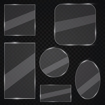 Glass plates set. Vector glass banners on transparent background. Glass mirror, transparent.