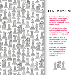 Flat poster or banner template with beautiful ornamental chess pieces. Vector illustration.