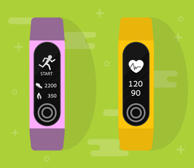 Sport bracelet. Fitness band run tracker vector illustration. Flat cartoon wristband with running activity steps counter and heartbeat pulse meter