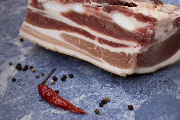 raw slice of pork and pepper. Top view raw pork chop steak and pepper. Raw steak - ready for cooking. Raw juicy meat steak.