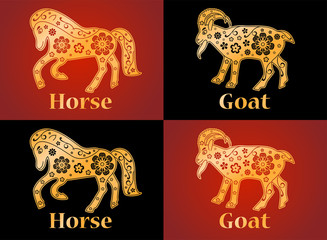 Horse, goat, symbols of the Chinese horoscope 2026, 2027 years. Floral gold ornament