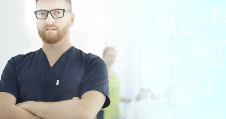male doctor / young man in median uniform, strict doctor with glasses, medical clinic