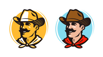 Fototapeta premium American cowboy, sheriff logo or label. Farmer, grower, farm icon. Cartoon vector illustration