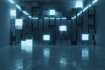 3d rendering of abstract background with blue light and stacked glass cubes