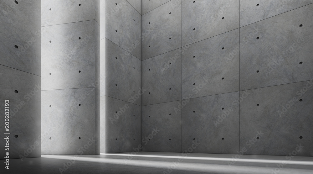 Fototapete Abstract of architecture space with rhythm of concrete block with sun light cast shadow on the cement floor,3D render	