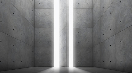 Abstract of architecture space with rhythm of concrete block with sun light cast shadow on the cement floor,3D render	