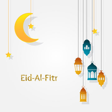 Eid-Al-Fitr greeting card with islamic crescent moon 3D and paper lantern.