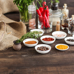 Spices and herbs. Variety of spices and herbs on a dark wooden surface