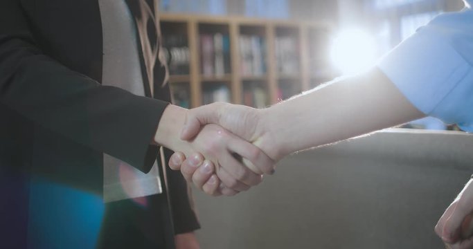 Business handshake. Businesswoman meets partners in her office