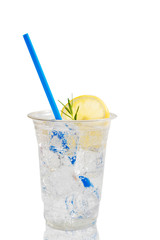 Ice Lemon soda with lemon in takeaway plastic cup isolate on white background with path.