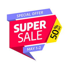 Super Sale. Big sale special offer. Banner template design. Can be used for discount tag or app icon or coupons or promotional material. Vector illustration.