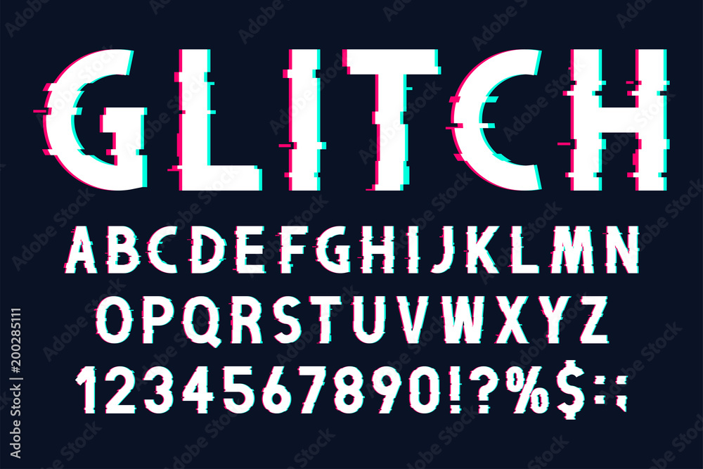 Fototapete glitch font with distorted effect in 80s and 90s style. glitch english alphabet with numbers and mar