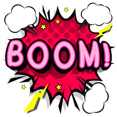 Boom - retro lettering with shadows, halftone pattern on retro poster  background. Vector bright illustration in vintage pop art style.