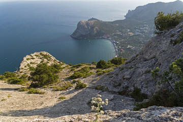 Fototapeta na wymiar Areal view on a small resort town on the Black Sea coast of Crimea.
