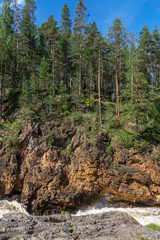 High spruce on the rocks above the stormy river, Finland