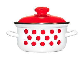 White saucepan with a pattern of red peas. cooking. With a red lid, a metal rim and a soft shadow. Photorealistic image on white background. Isolated, vector illustration.