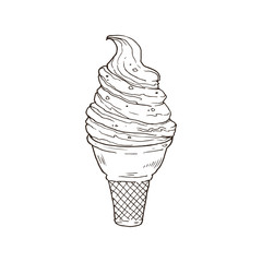 Hand drawn ice cream sketches isolated on white background. Icecream in waffle cone in line art style. Vector illustration.