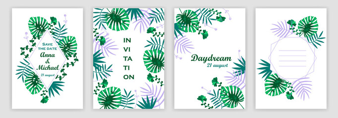 Templates of wedding invitations with a tropical pattern. green. covers set. vector illustration