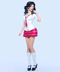 3D beautiful young attractive girl school uniform.White blouse, red short skirt cage.Woman studio photography. High heel. Conceptual fashion art. Seductive candid pose. Realistic render illustration