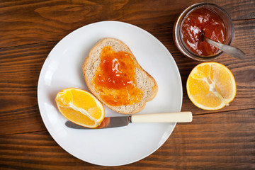 healthy breakfast fresh fruit and orange jam