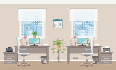 Office interior design with two workplaces without people. Office room without people.