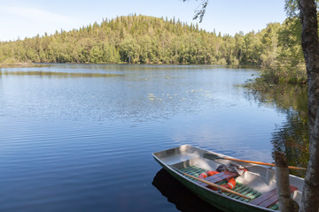 Fototapeta premium One nautical vessels on the nature lake.