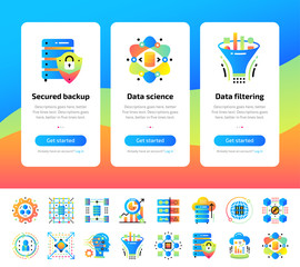 Onboarding app screens of Data science technology and machine learning process flat icons set. Suitable for Interface UI, UX, mobile apps, websites.