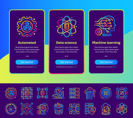 Onboarding app screens of Data science technology and machine learning process icons set. Suitable for Interface UI, UX, mobile apps, websites.